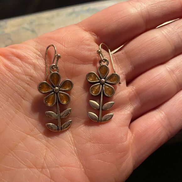Tiny Gold and Orange Color Flower Earrings - Picture 5 of 5